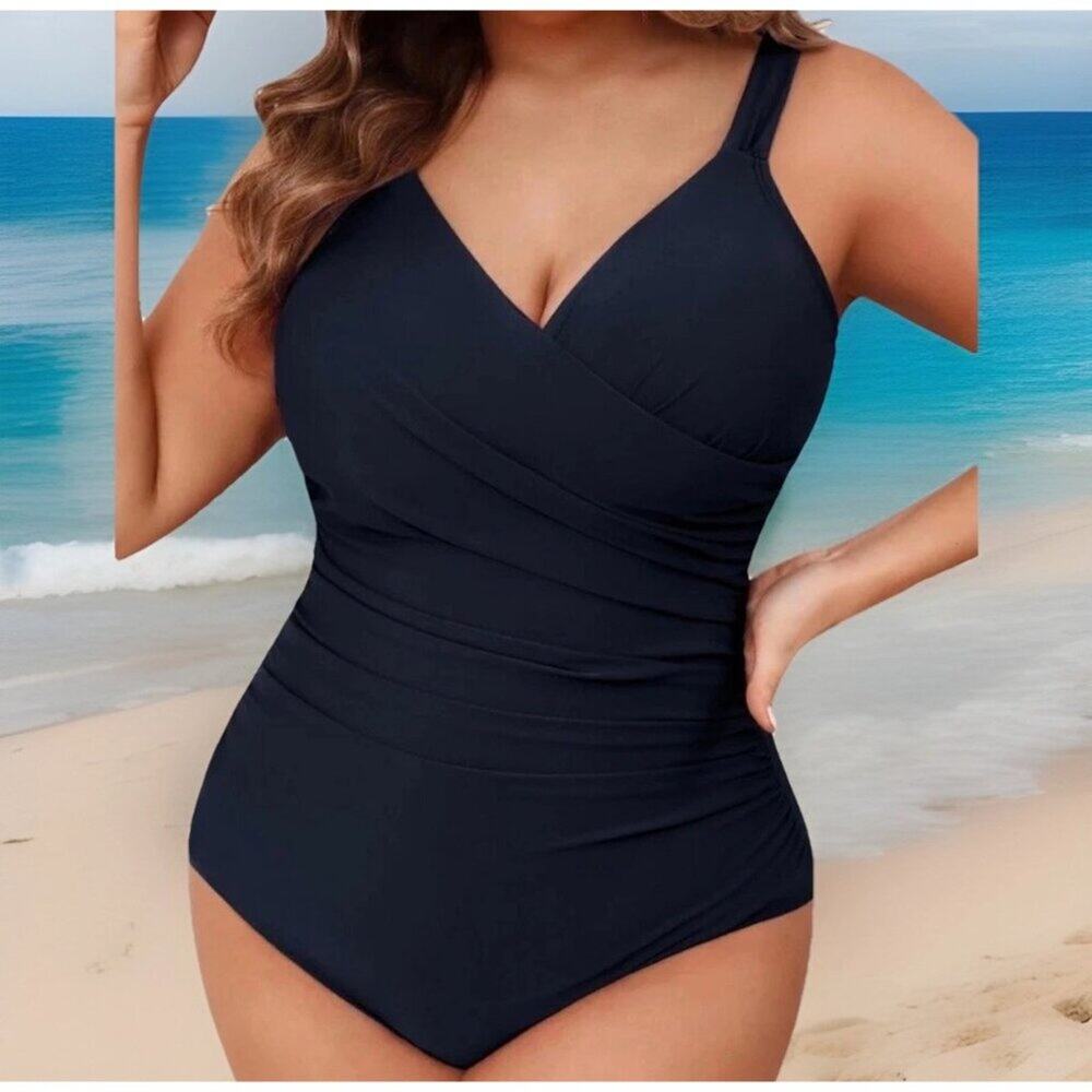 Women CupsheNavy Blue V Neck Tummy Control One Piece Swimsuit 1X Plus NWT - Picture 2 of 9